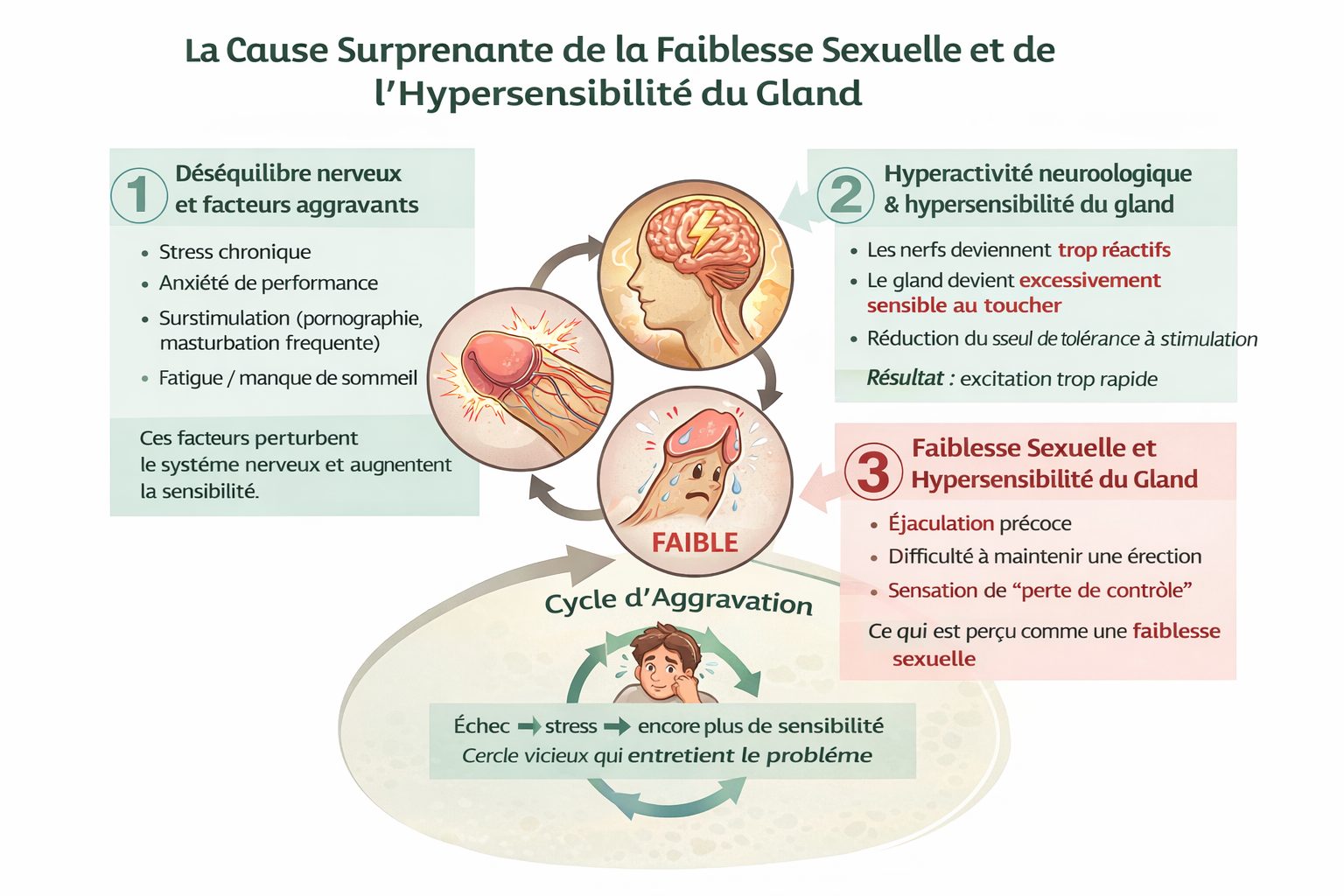 Schéma du cycle d'aggravation : déséquilibre nerveux, hyperactivité neurologique et faiblesse sexuelle