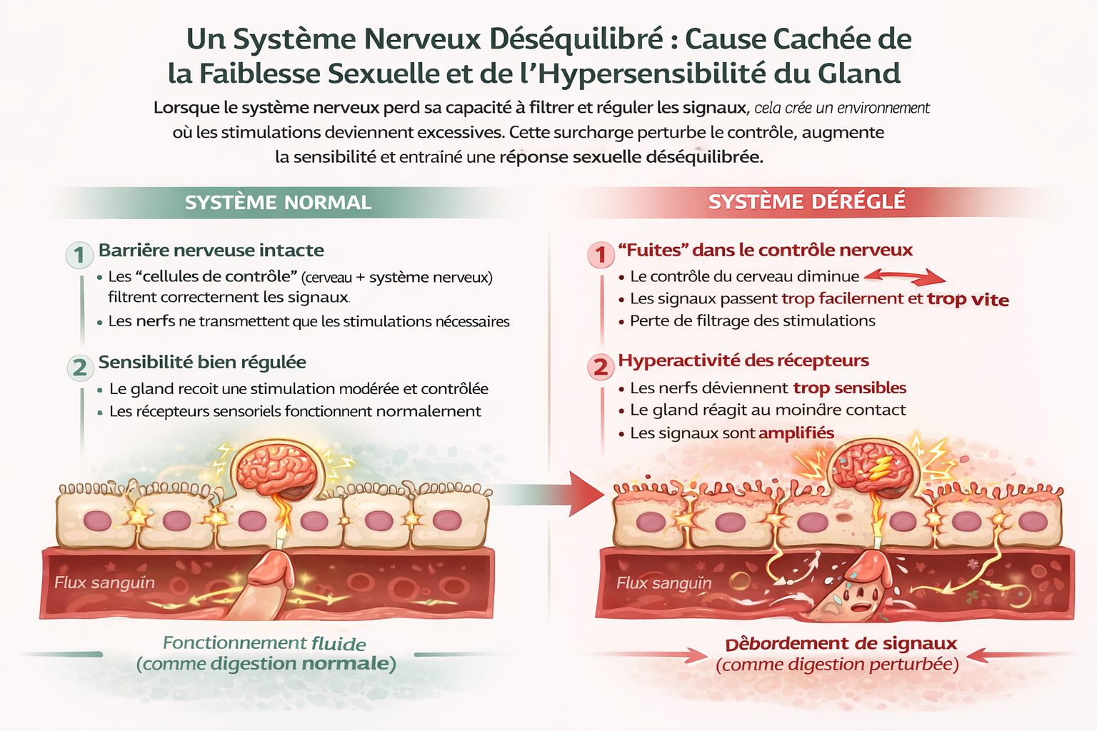 Schéma comparatif système nerveux normal vs déréglé expliquant la faiblesse sexuelle et hypersensibilité du gland